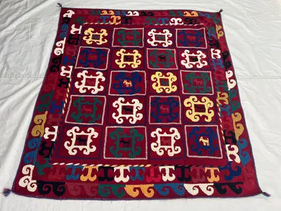 4'11x5'6 Ft Vintage Afghan Suzani Flatweave Textile Burgundy Folk Animal Grid Scroll Handmade Wool | Living Ro