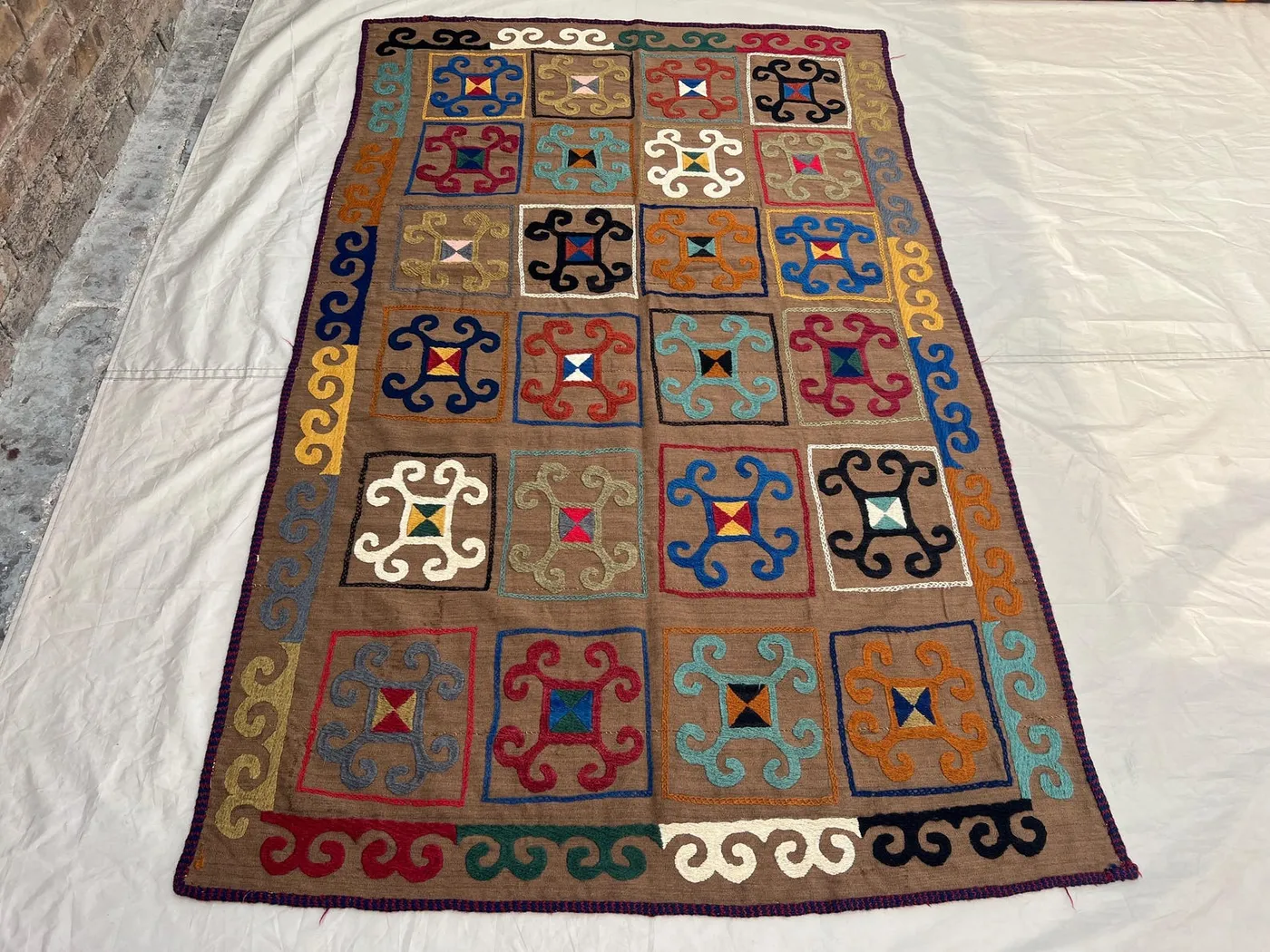 4'2x7'2 Ft Vintage Afghan Suzani | Hand Embroidered Wool Textile | Warm Brown Multicolor Square Medallion Suzani Wall Hanging | Wall Decor