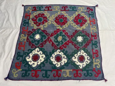 4'1x4'5 Ft Vintage Afghan Suzani Flatweave Textile Steel Blue Diamond Scroll Medallion Handmade Wool | Living 