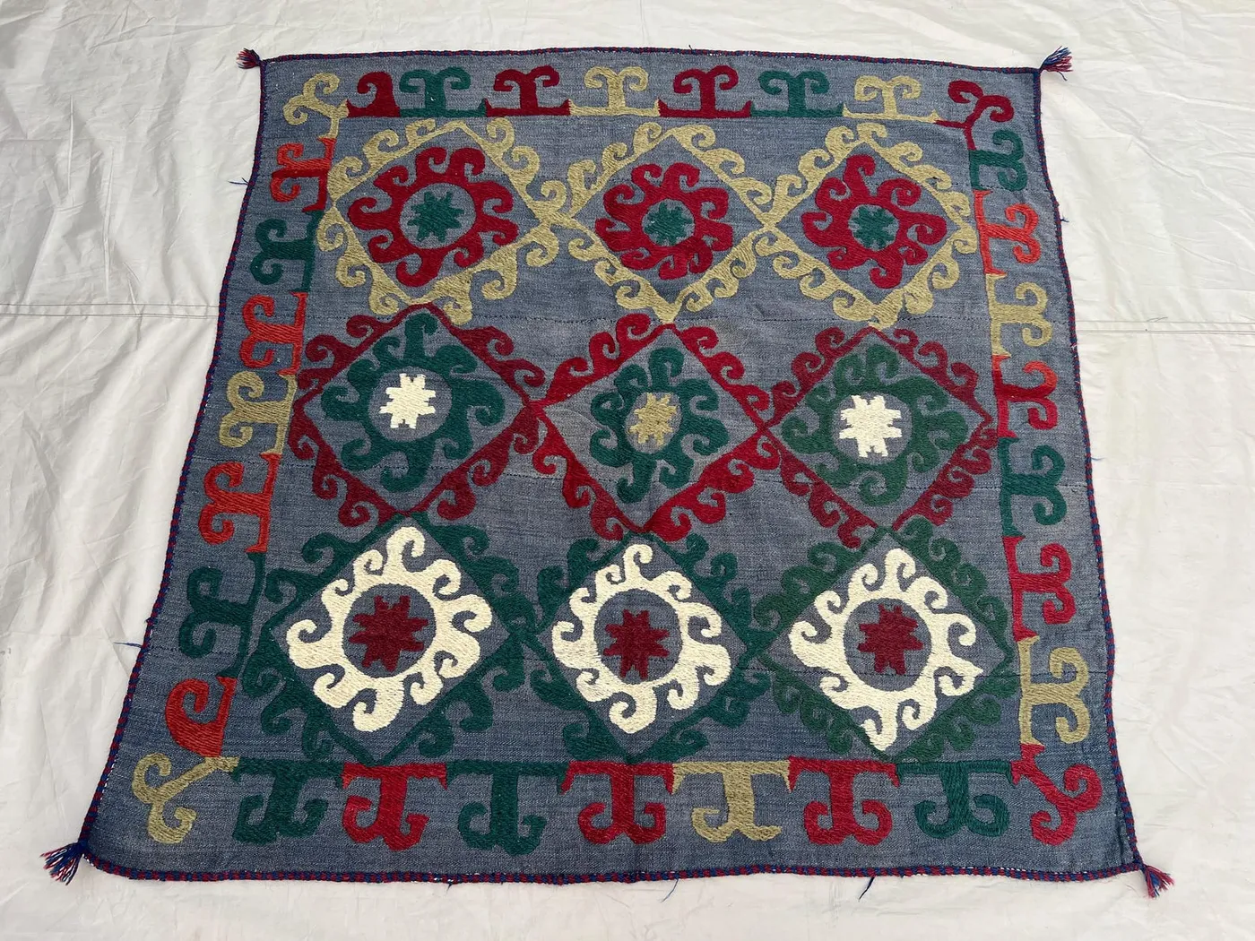 4'1x4'5 Ft Vintage Afghan Suzani Flatweave Textile Steel Blue Diamond Scroll Medallion Handmade Wool | Living Room Wall Hanging Boho Decor