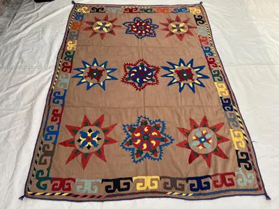 5'1x7'1 Ft Vintage Afghan Suzani Flatweave Textile Camel Brown Star Sun Medallion Handmade Wool | Living Room 