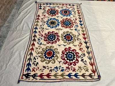 4'3x7'2 Vintage Afghan Suzani Embroidered Textile Ivory Floral Sun Medallion Folk Art Flatweave Kilim Handmade