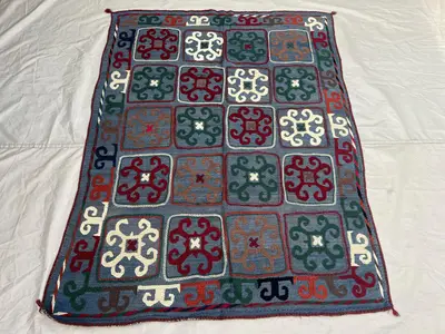 4'1x5'7 Ft Vintage Afghan Kilim Rug Steel Blue Geometric Square Scroll Flatweave Handwoven Wool Area Rug | Liv