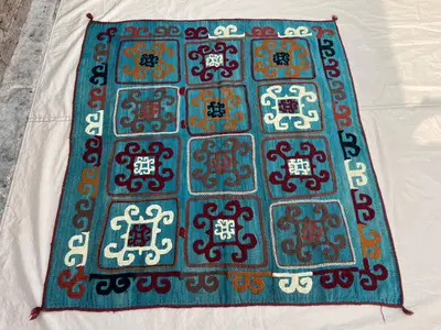 4'2x4'7 ft Vintage Afghan Kilim Rug, Handmade Flatweave Wool Rug, Tribal Square Panel Kilim, Blue Accent Rug, 