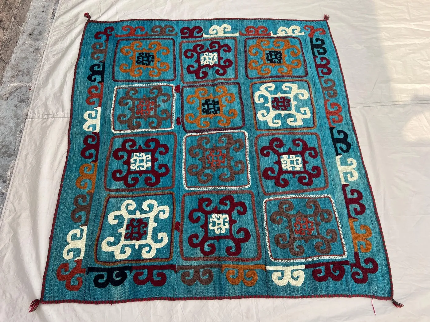 4'2x4'7 ft Vintage Afghan Kilim Rug, Handmade Flatweave Wool Rug, Tribal Square Panel Kilim, Blue Accent Rug, Boho Home Decor
