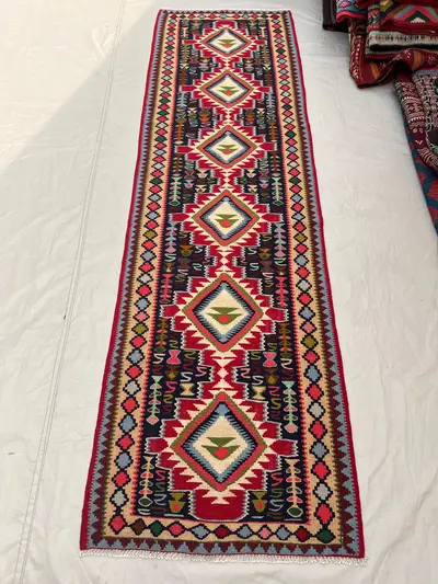 2'7x8'5 Ft Vintage Afghan Flat Woven Wool Kilim Runner Red Navy Repeating Diamond Medallion Multicolor Tribal 