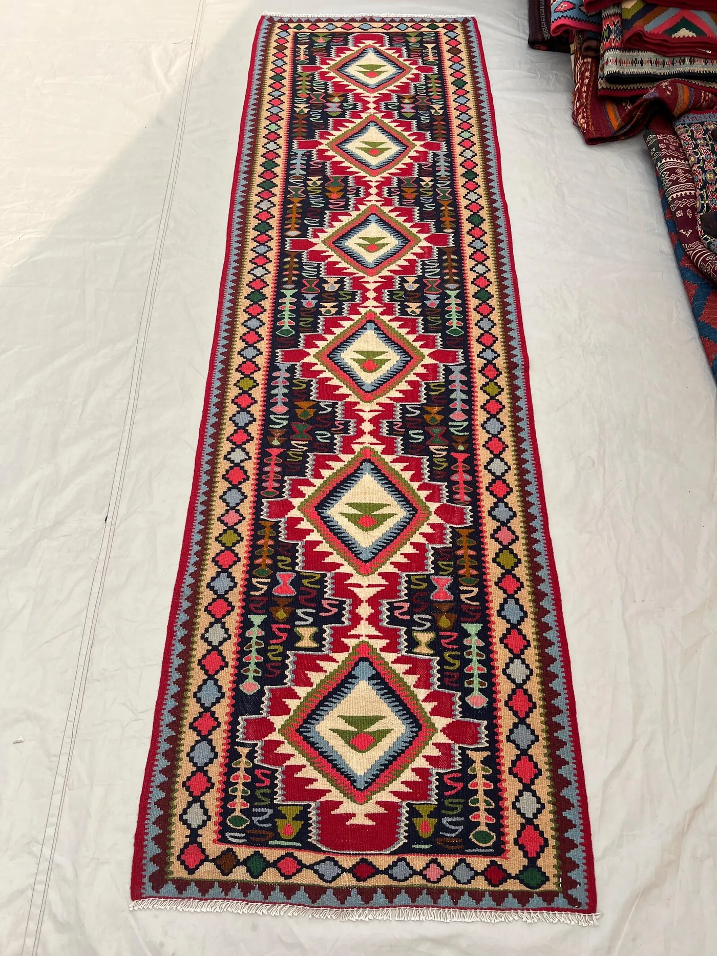 2'7x8'5 Ft Vintage Afghan Flat Woven Wool Kilim Runner Red Navy Repeating Diamond Medallion Multicolor Tribal Boho Hallway Kitchen Carpet