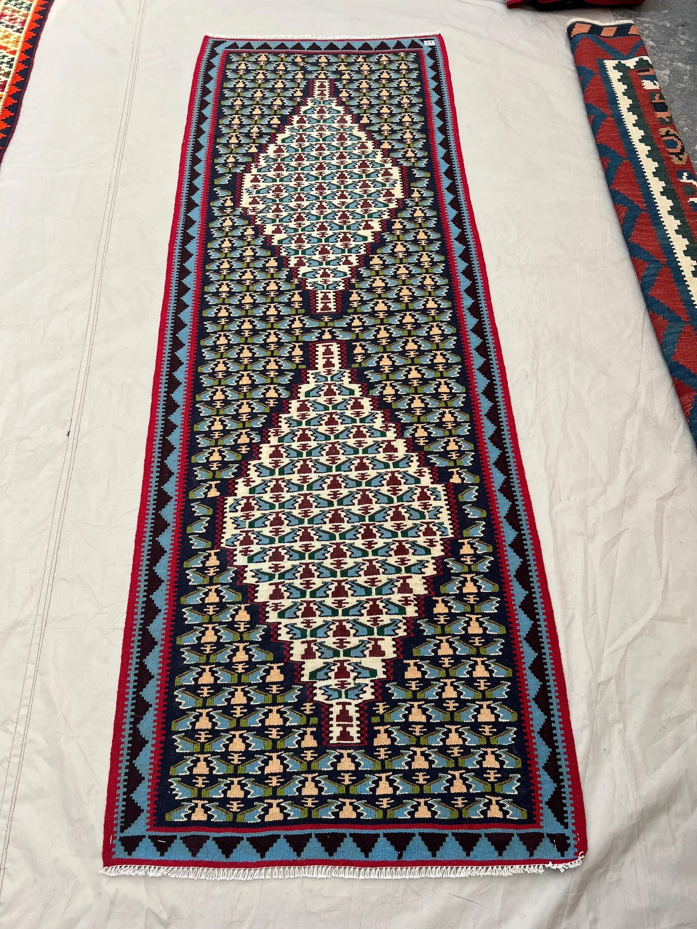 2'7x7'3 Vintage Afghan Kilim Handwoven Wool Flatweave Prayer Arch Ivory Vase Motif Navy Sky Blue Red Runner | Hallway Entryway Bedroom Decor