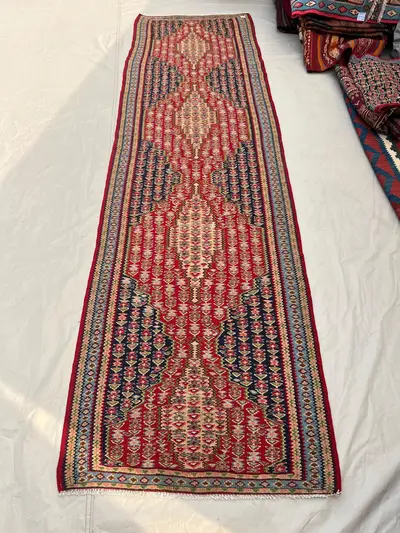 2'11x9'10 Ft Vintage Afghan Kilim Handwoven Wool Flatweave Central Ivory Spine Boteh Crimson Red Navy Olive Lo