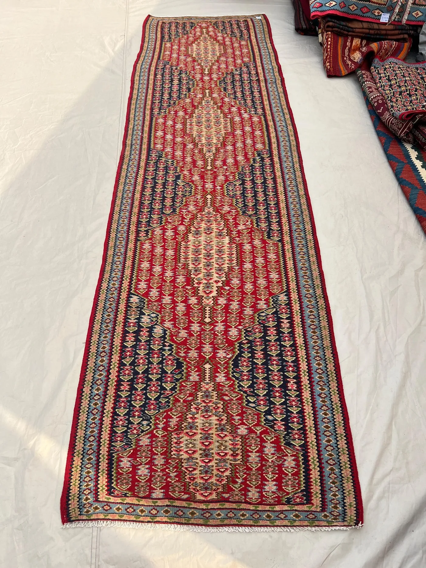 2'11x9'10 Ft Vintage Afghan Kilim Handwoven Wool Flatweave Central Ivory Spine Boteh Crimson Red Navy Olive Long Runner | Hallway Staircase