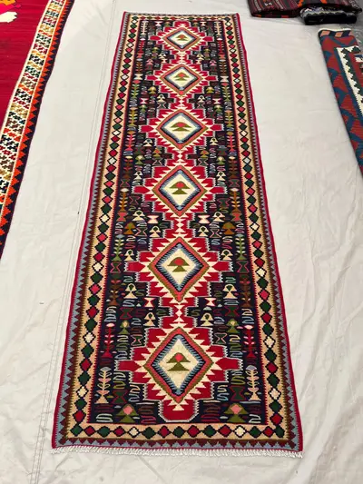 2'8x8'4 Vintage Afghan Kilim Handwoven Wool Flatweave Diamond Column Ivory Tree Motif Red Navy Multicolor Runn