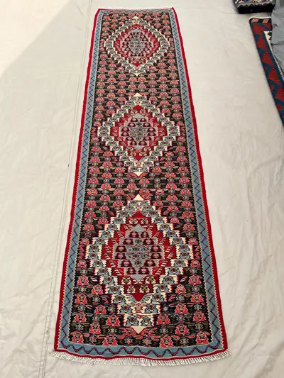 2'4x8'4 Ft Vintage Afghan Senneh Kilim Runner Flatweave | Navy Pink Floral Medallion Chain| Handwoven Wool Rug