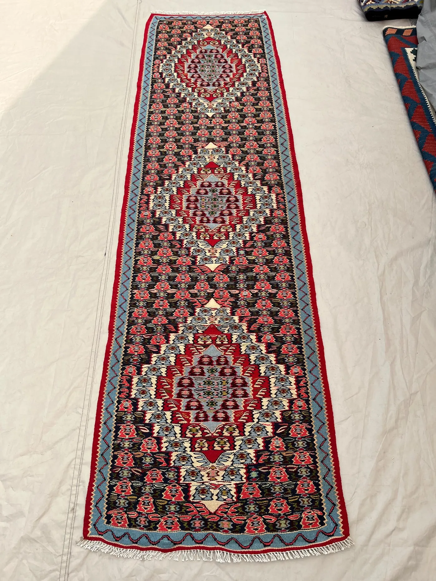 2'4x8'4 Ft Vintage Afghan Senneh Kilim Runner Flatweave | Navy Pink Floral Medallion Chain| Handwoven Wool Rug for Hallway Kitchen Staircase