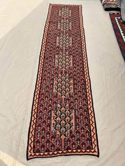2'4x9'7 Vintage Afghan Senneh Kilim Runner Flatweave | Dark Brown Pink All-Over Vase Boteh | Handwoven Wool Ru