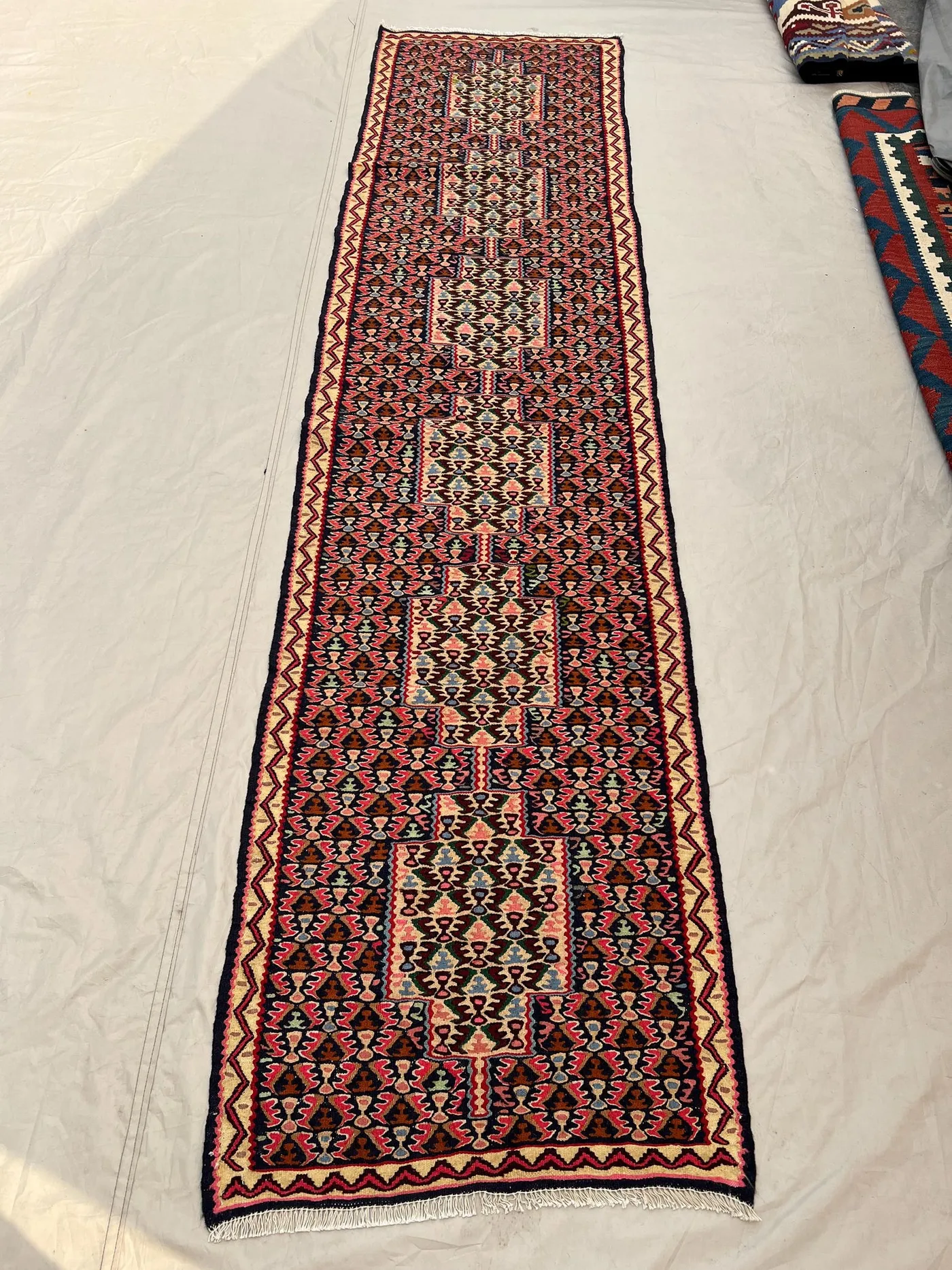 2'4x9'7 Vintage Afghan Senneh Kilim Runner Flatweave | Dark Brown Pink All-Over Vase Boteh | Handwoven Wool Rug Hallway Kitchen Staircase