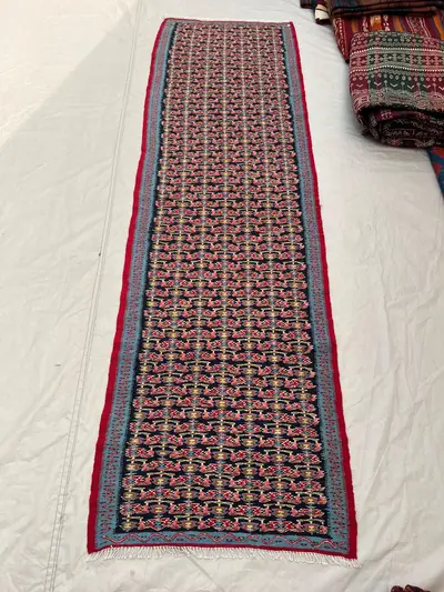 2'4x8'2 Vintage Afghan Kilim Handwoven Wool Flatweave All-Over Floral Boteh Navy Pink Sky Blue Red Runner | Ha