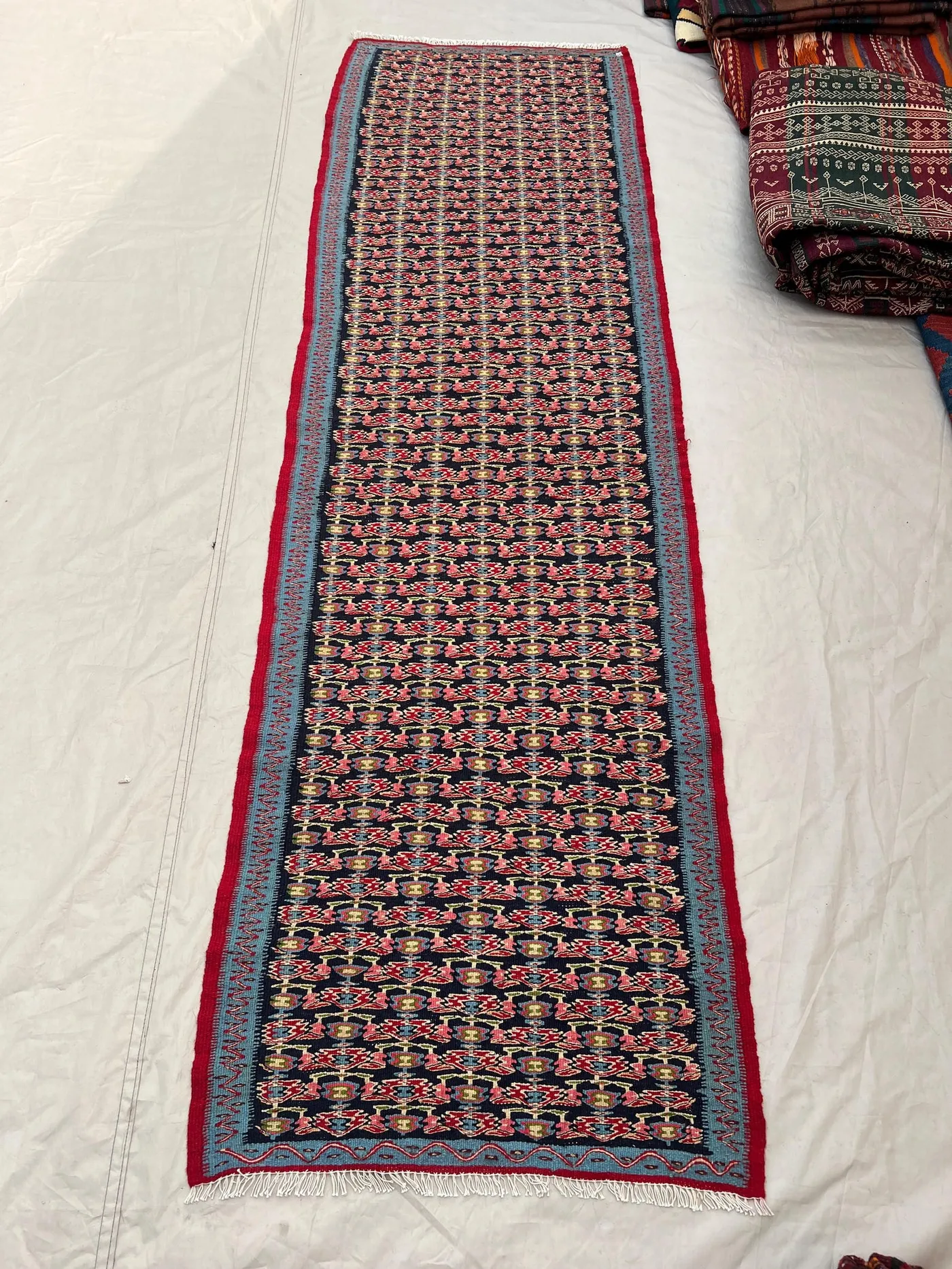 2'4x8'2 Vintage Afghan Kilim Handwoven Wool Flatweave All-Over Floral Boteh Navy Pink Sky Blue Red Runner | Hallway Entryway Kitchen Decor