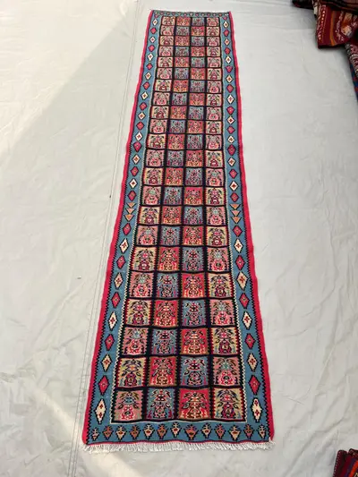 2x8'6 Ft Vintage Afghan Kilim Handwoven Wool Flatweave Grid Panel Floral Folk Motif Sky Blue Hot Pink Multicol