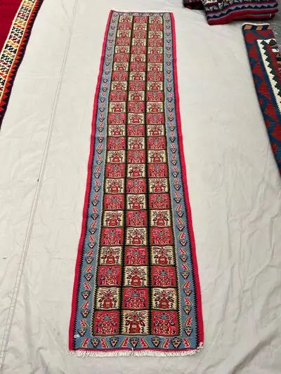 1'10x7'9 Vintage Afghan Kilim Handwoven Wool Flatweave Grid Panel Floral Red Ivory Sky Blue Narrow Runner | Ha
