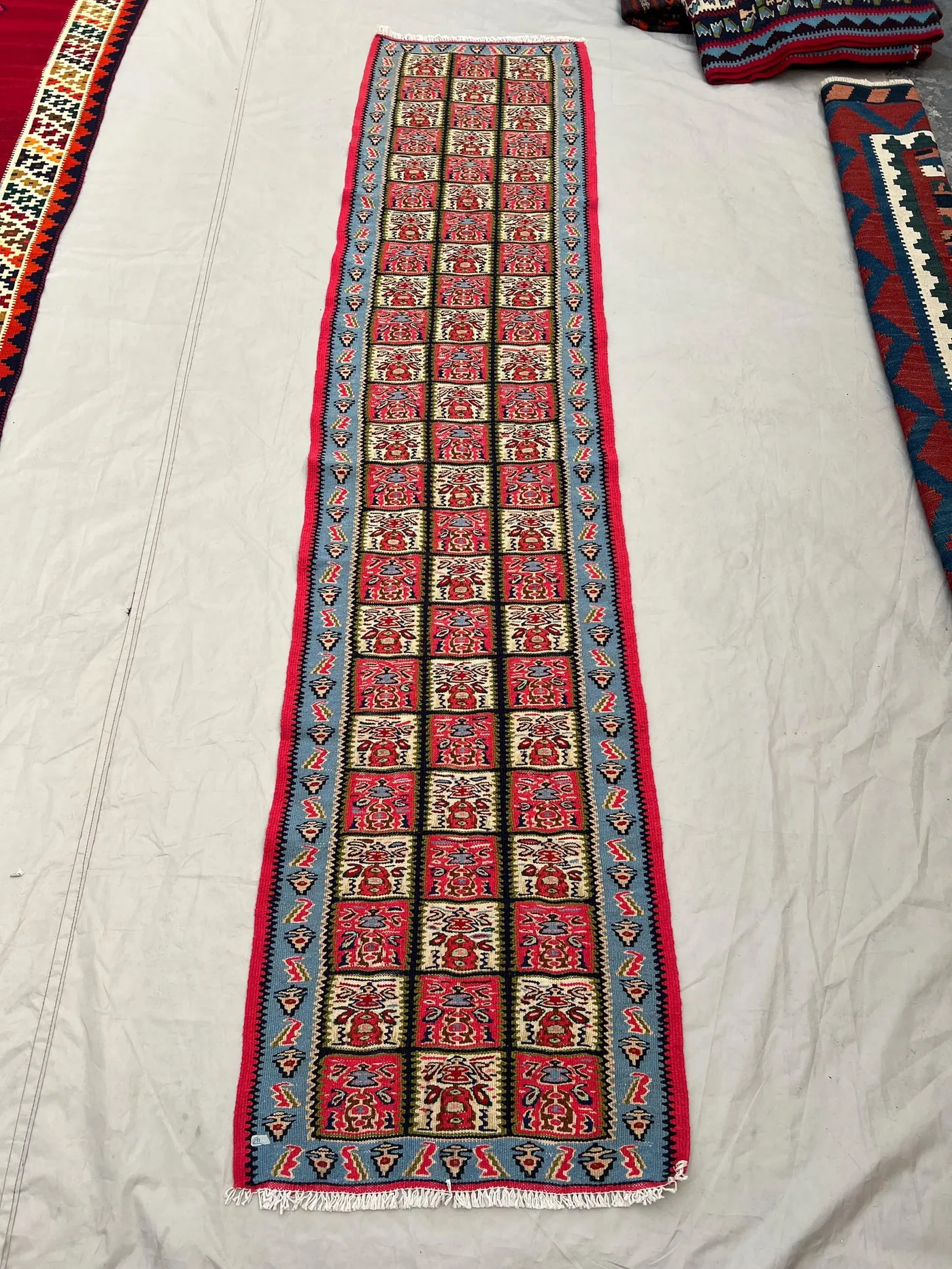 1'10x7'9 Vintage Afghan Kilim Handwoven Wool Flatweave Grid Panel Floral Red Ivory Sky Blue Narrow Runner | Hallway Entryway Kitchen Decor