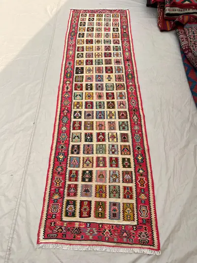 2'5x8'2 Ft Vintage Afghan Flat Woven Wool Kilim Runner Ivory Pink Grid Multicolor Tribal Boteh Square Boho Hal