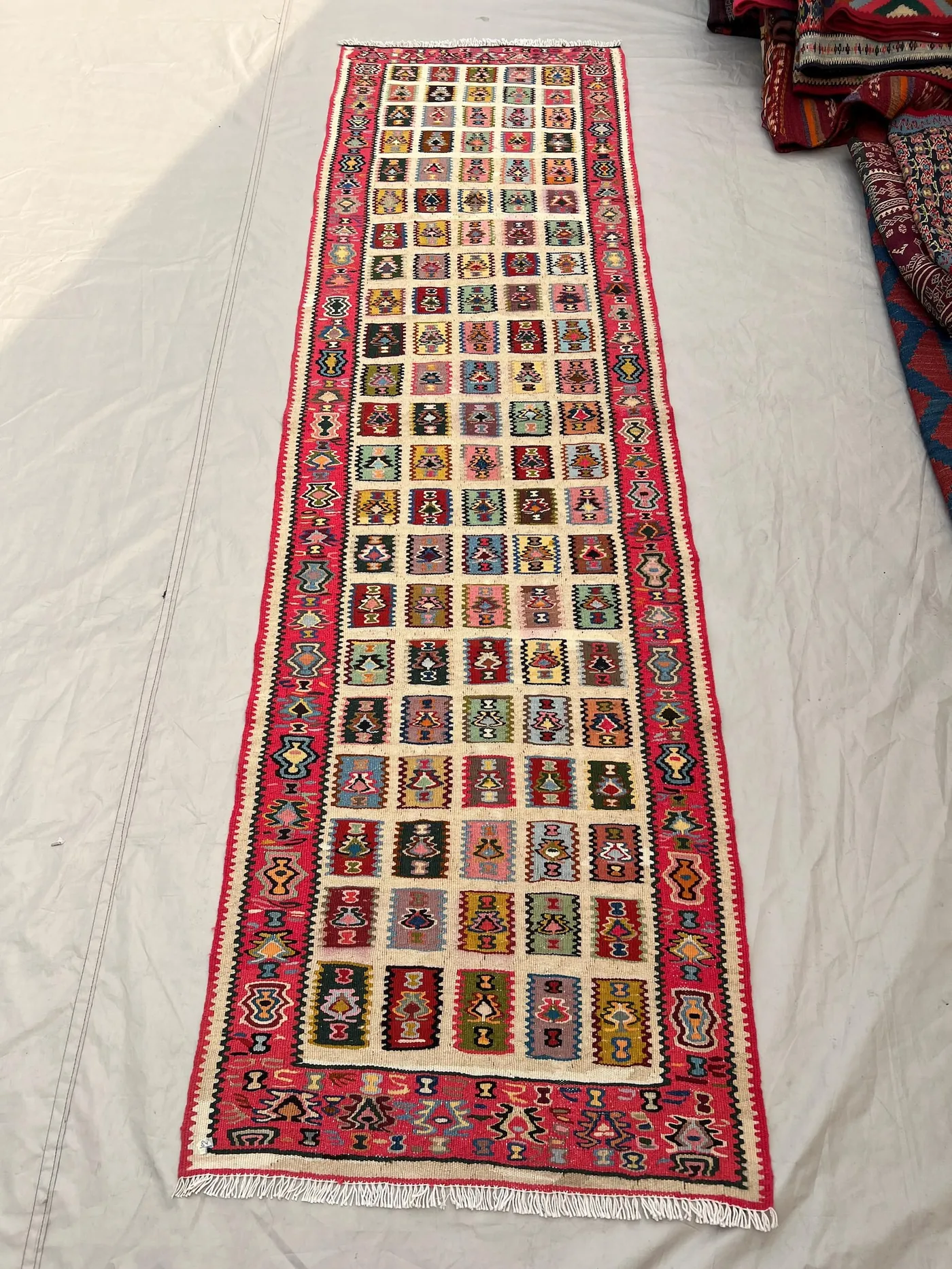 2'5x8'2 Ft Vintage Afghan Flat Woven Wool Kilim Runner Ivory Pink Grid Multicolor Tribal Boteh Square Boho Hallway Kitchen Runner Carpet