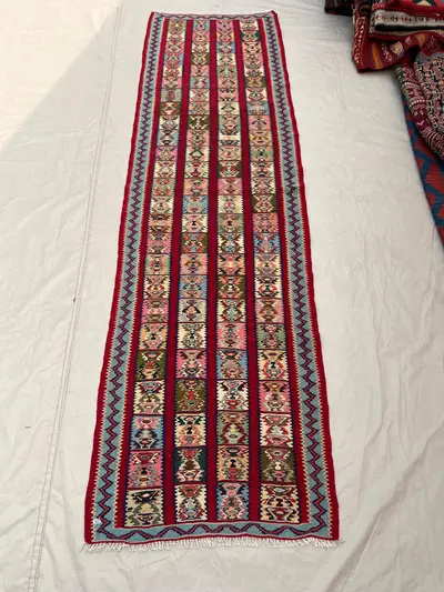 2'3x8 Ft Vintage Afghan Kilim Handwoven Wool Flatweave Three-Column Folk Panel Floral Sky Blue Red Pink Multic