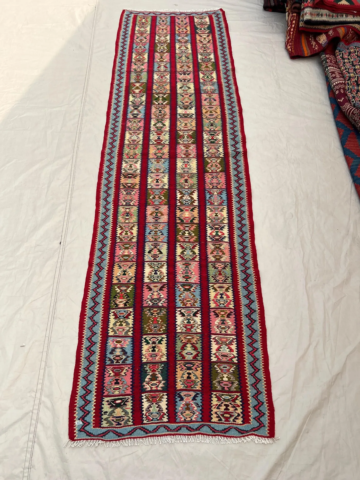 2'3x8 Ft Vintage Afghan Kilim Handwoven Wool Flatweave Three-Column Folk Panel Floral Sky Blue Red Pink Multicolor Runner | Hallway Entryway