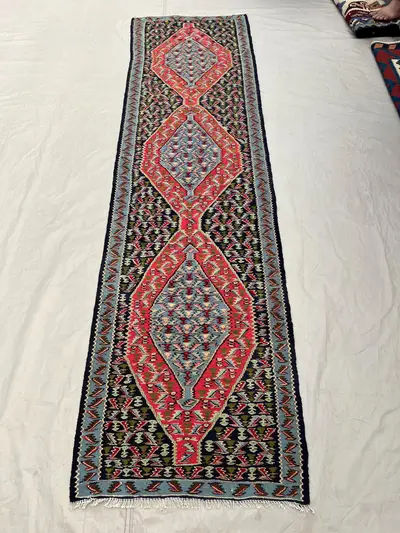 2'6x9'5 Vintage Afghan Kilim Runner Handwoven Wool Flatweave Triple Diamond Medallion Navy Pink Sky Blue | Hal