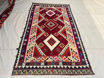 4'11x8'7 ft Vintage Afghan Tribal Kilim | Triple Diamond Medallion Flat Weave Caucasian Style | Red Ivory Navy
