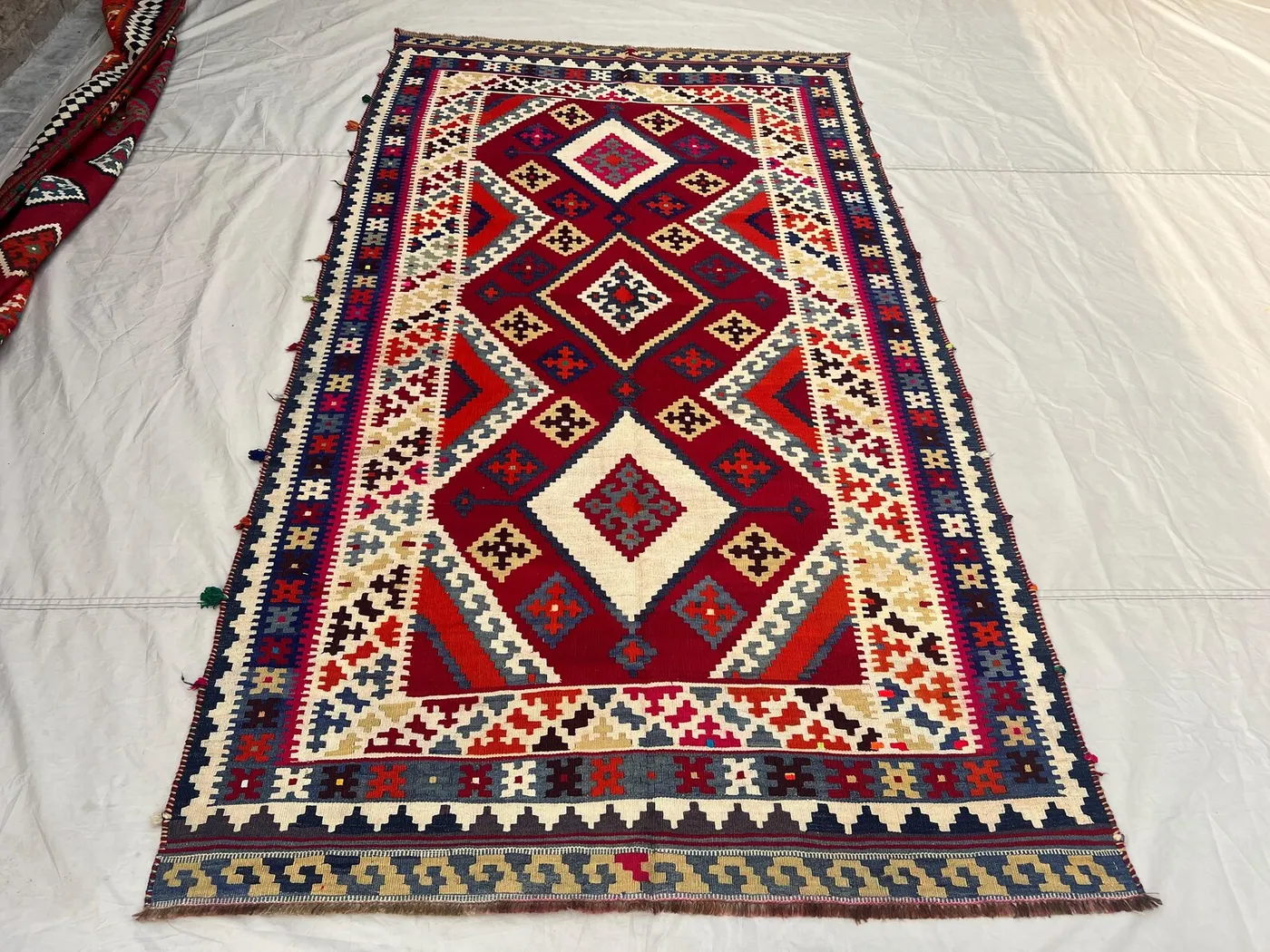 4'11x8'7 ft Vintage Afghan Tribal Kilim | Triple Diamond Medallion Flat Weave Caucasian Style | Red Ivory Navy | Boho Living Room Kilim