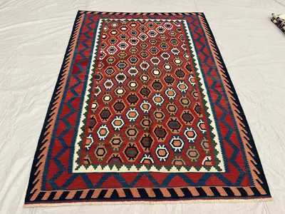 5'6x7'9 Vintage Afghan Baluchi Kilim Rug - Handwoven Flatweave, Bold Geometric Design - Red, Blue, & Earth Ton