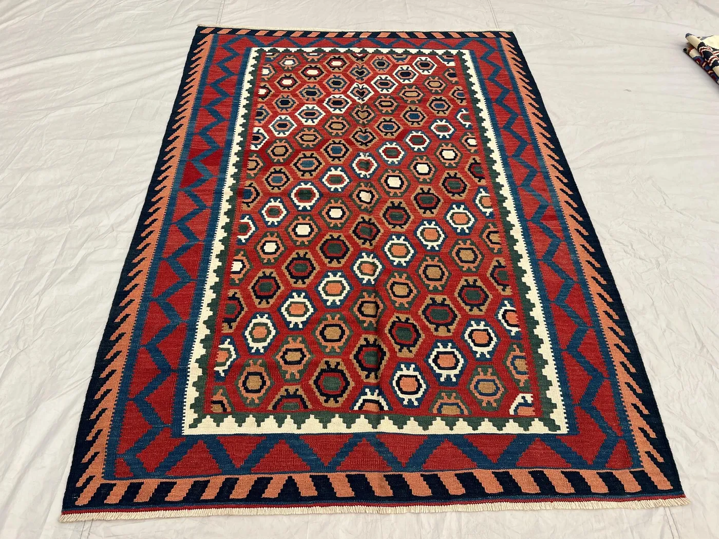 5'6x7'9 Vintage Afghan Baluchi Kilim Rug - Handwoven Flatweave, Bold Geometric Design - Red, Blue, & Earth Tones - Boho Living Room Decor