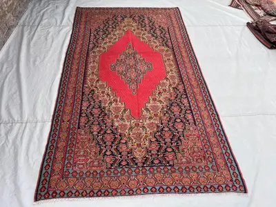 4'11x8'7 Vintage Afghan Kilim Flatweave Rug | Red Navy Central Diamond Medallion Floral Boteh Tribal Wool Kili