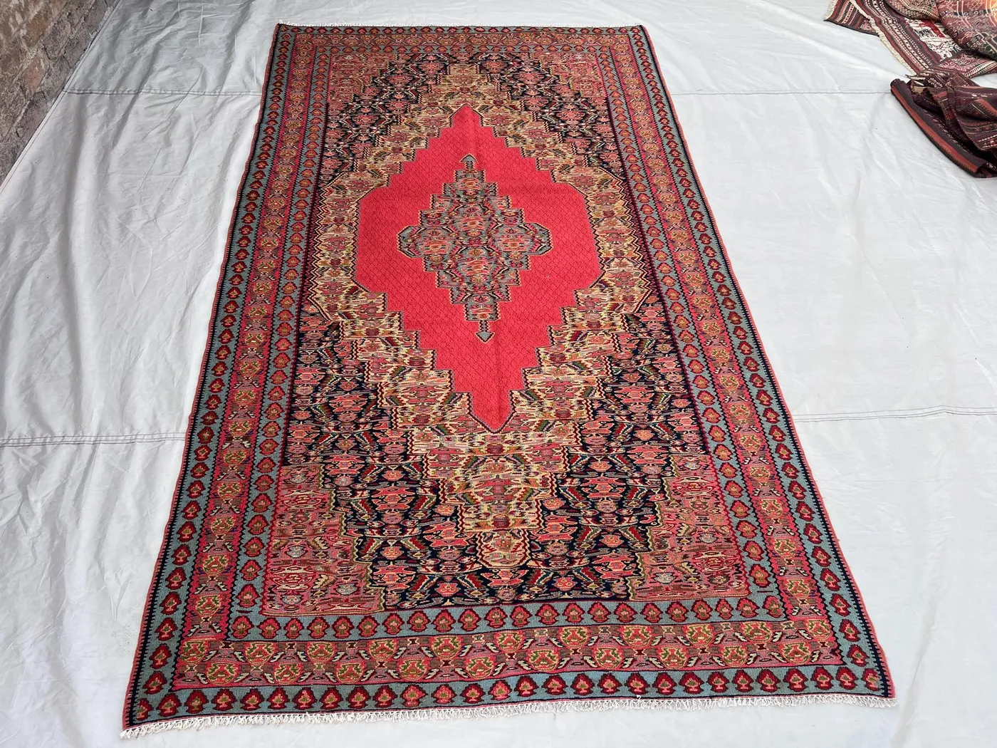 4'11x8'7 Vintage Afghan Kilim Flatweave Rug | Red Navy Central Diamond Medallion Floral Boteh Tribal Wool Kilim | Boho Living Room, Bedroom