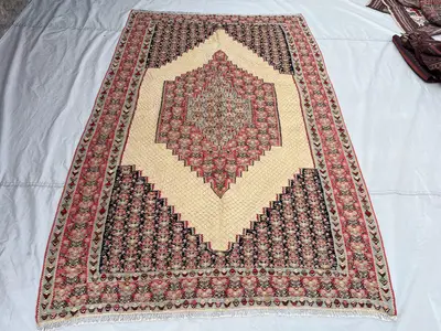 5'1x7'11 Ft Vintage Afghan Kilim Flatweave Rug Ivory Navy Rose Diamond Medallion Floral Boteh Tribal Wool Kili