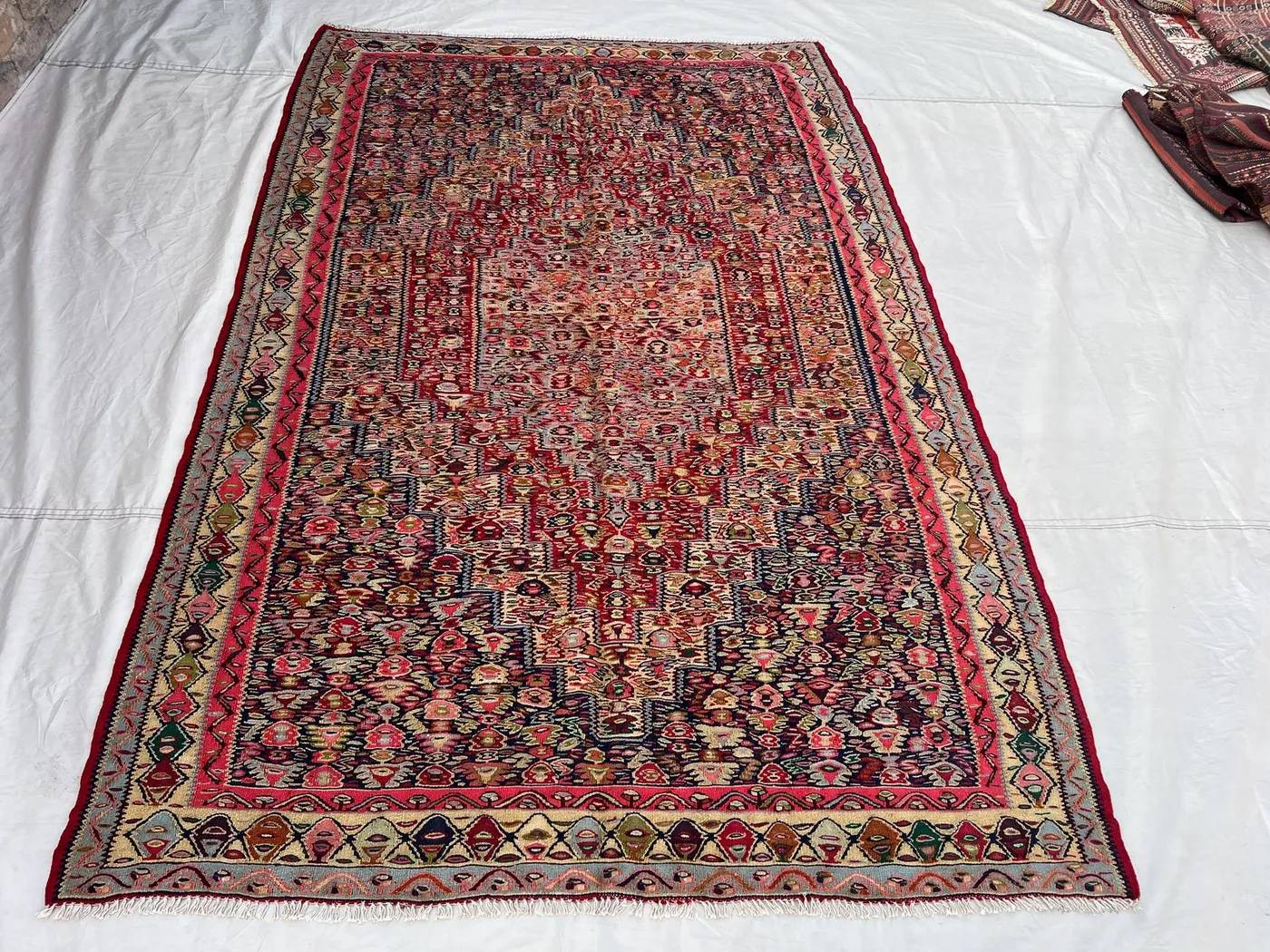 5'2x7'10 Ft Vintage Afghan Kilim Rug Red Multicolor All-Over Floral Geometric Flatweave Handwoven Wool Area Rug | Living Room Bedroom