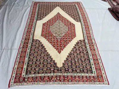 5'1x8' Ft Vintage Afghan Kilim Rug Ivory Navy Diamond Medallion All-Over Floral Flatweave Handwoven Wool Area 