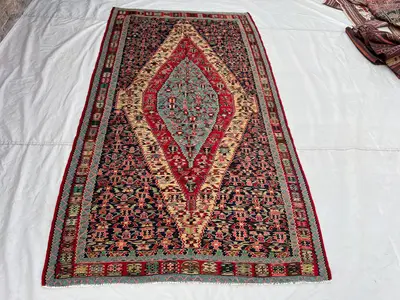 4'7x8'4 ft Vintage Afghan Kilim Rug | Handwoven Tribal Diamond Medallion | Deep Navy & Crimson Red Flatweave |