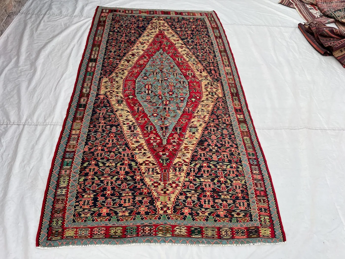4'7x8'4 ft Vintage Afghan Kilim Rug | Handwoven Tribal Diamond Medallion | Deep Navy & Crimson Red Flatweave | Area Rug Living Room Bedroom