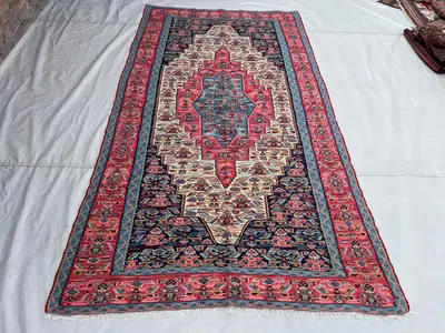 4'8x8'4 ft Vintage Afghan Kilim Rug | Handwoven Tribal Diamond Medallion | Navy Blue & Rose Pink Flatweave | A
