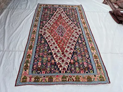 4'9x8' Ft Vintage Afghan Kilim Rug Navy Multicolor Diamond Medallion Figurative Flatweave Handwoven Wool Area 