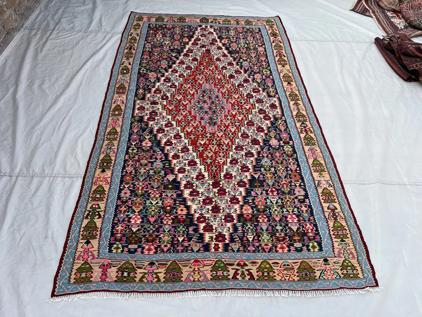 4'9x8' Ft Vintage Afghan Kilim Rug Navy Multicolor Diamond Medallion Figurative Flatweave Handwoven Wool Area Rug | Living Room Bedroom