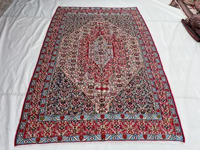 5'3x7'8 Ft Vintage Afghan Kilim Rug Red Sky Blue Diamond Medallion All-Over Floral Flatweave Handwoven Wool Ar
