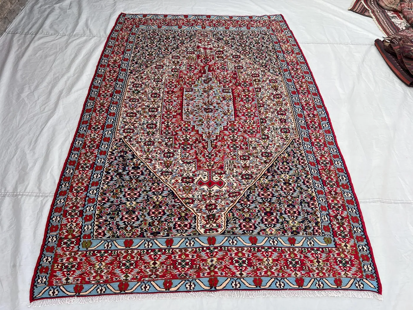 5'3x7'8 Ft Vintage Afghan Kilim Rug Red Sky Blue Diamond Medallion All-Over Floral Flatweave Handwoven Wool Area Rug | Living Room Bedroom