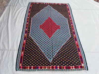 4'7x7 Vintage Afghan Kilim | Flat Weave Wool Area Kilim | Navy Blue Sky Blue Red Diamond Medallion Kilim | Boh