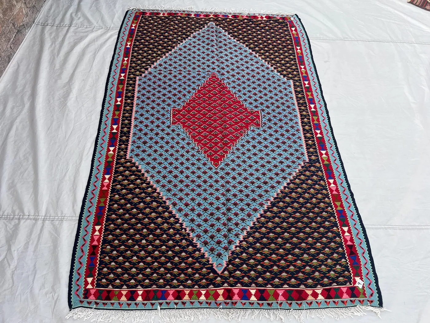 4'7x7 Vintage Afghan Kilim | Flat Weave Wool Area Kilim | Navy Blue Sky Blue Red Diamond Medallion Kilim | Bohemian Living Room Kilim