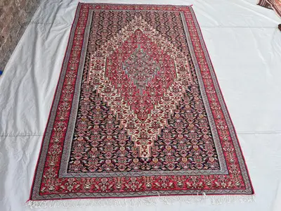 5'1x8 Vintage Afghan Tribal Kilim | Flat Weave Wool Area Kilim | Red Navy Ivory Floral Diamond Medallion Kilim