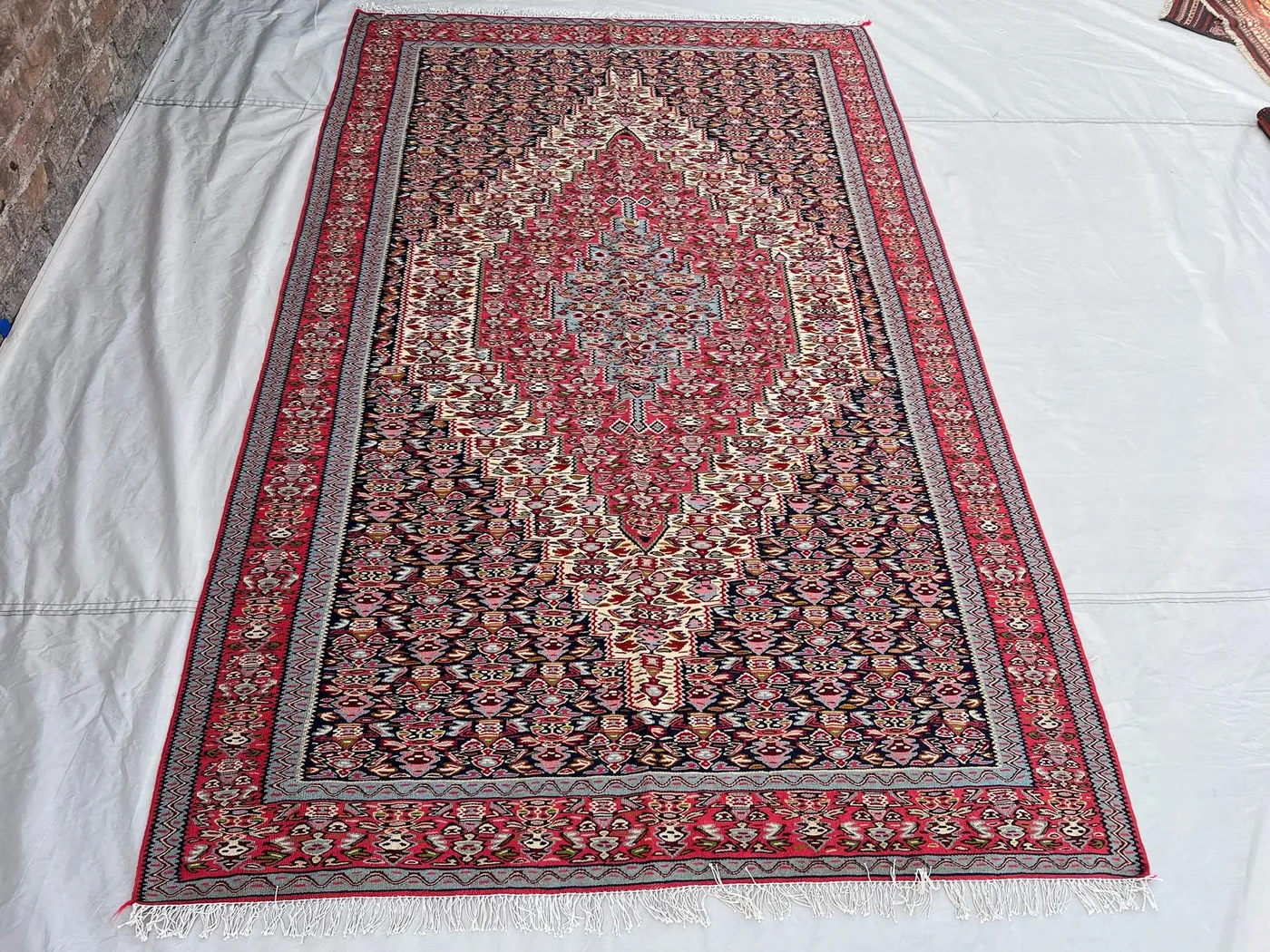 5'1x8 Vintage Afghan Tribal Kilim | Flat Weave Wool Area Kilim | Red Navy Ivory Floral Diamond Medallion Kilim | Bohemian Living Room Kilim