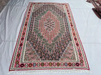 4'11x7'11 Ft Vintage Afghan Kilim Flatweave Rug | Pink Teal Allover Floral Boteh Stripe Tribal Wool Kilim | Bo